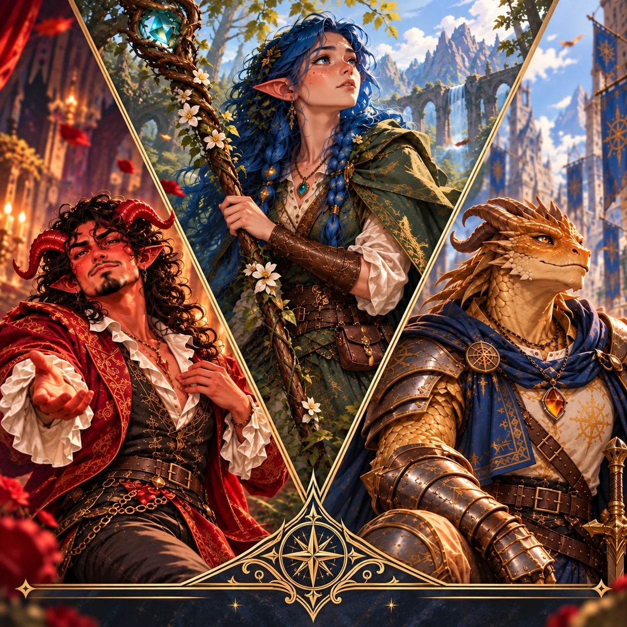 Kai’thos, Ayla and Da’ar in a painted triptych for Three Paths to Fendry.