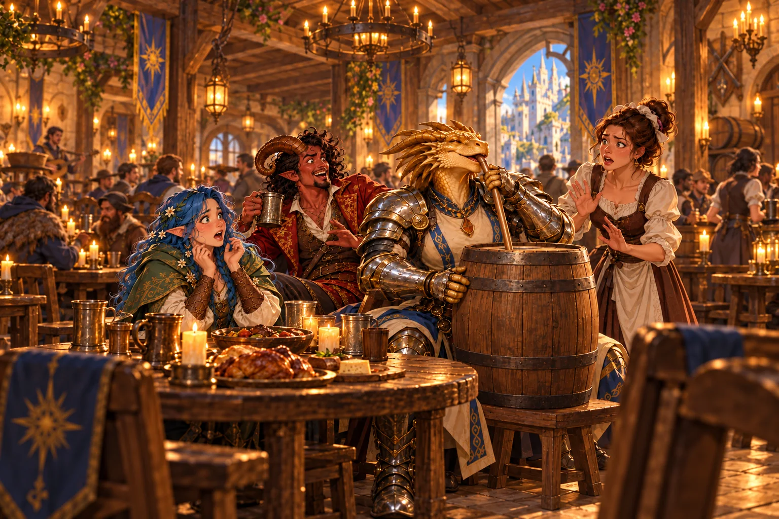 Ayla and Kai’thos watch Da’ar drink Grol from a barrel through a pipe in a lively Fendry tavern.