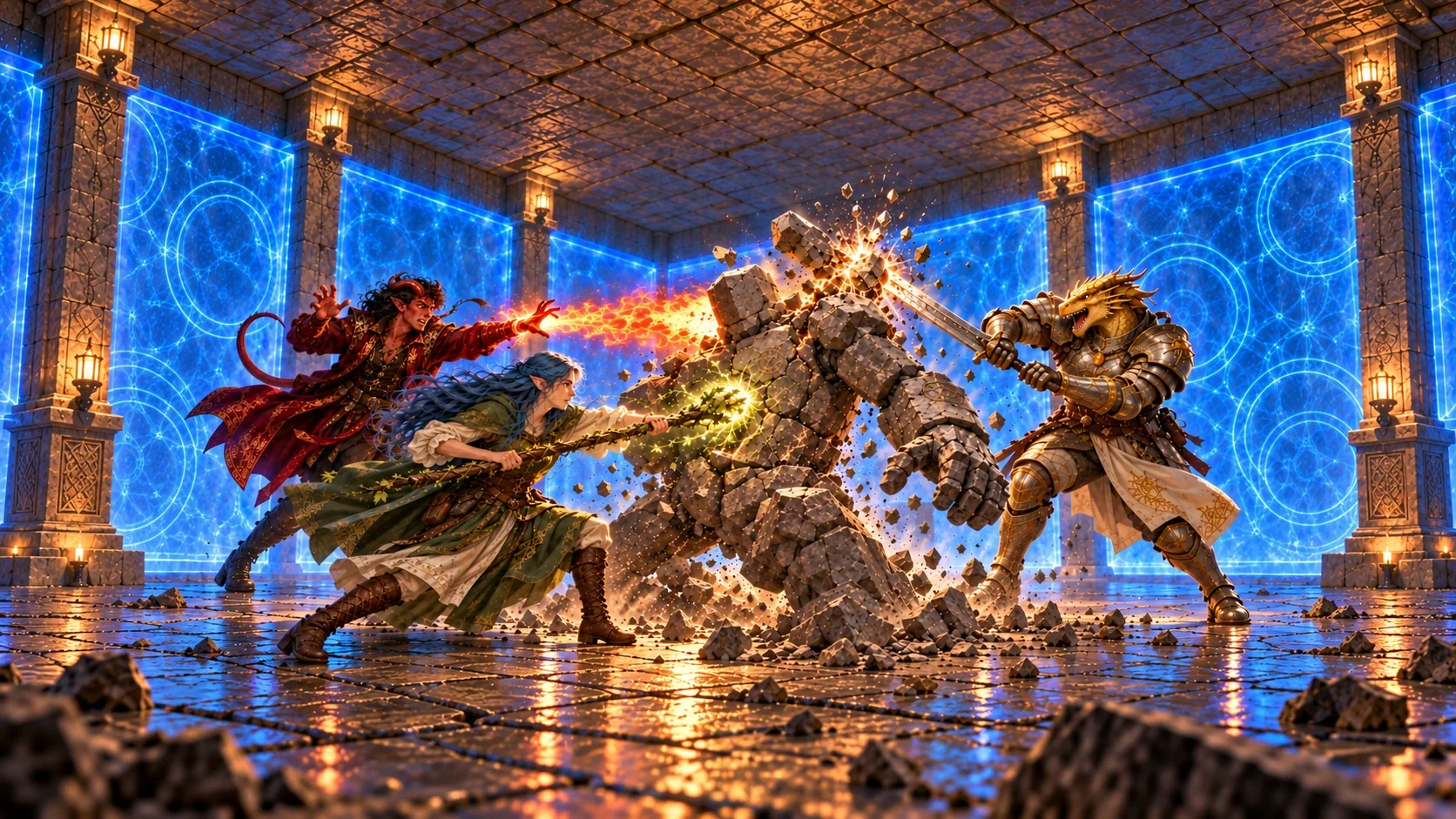 Ayla, Kai’thos and Da’ar shatter a clay golem inside the blue-walled training arena.