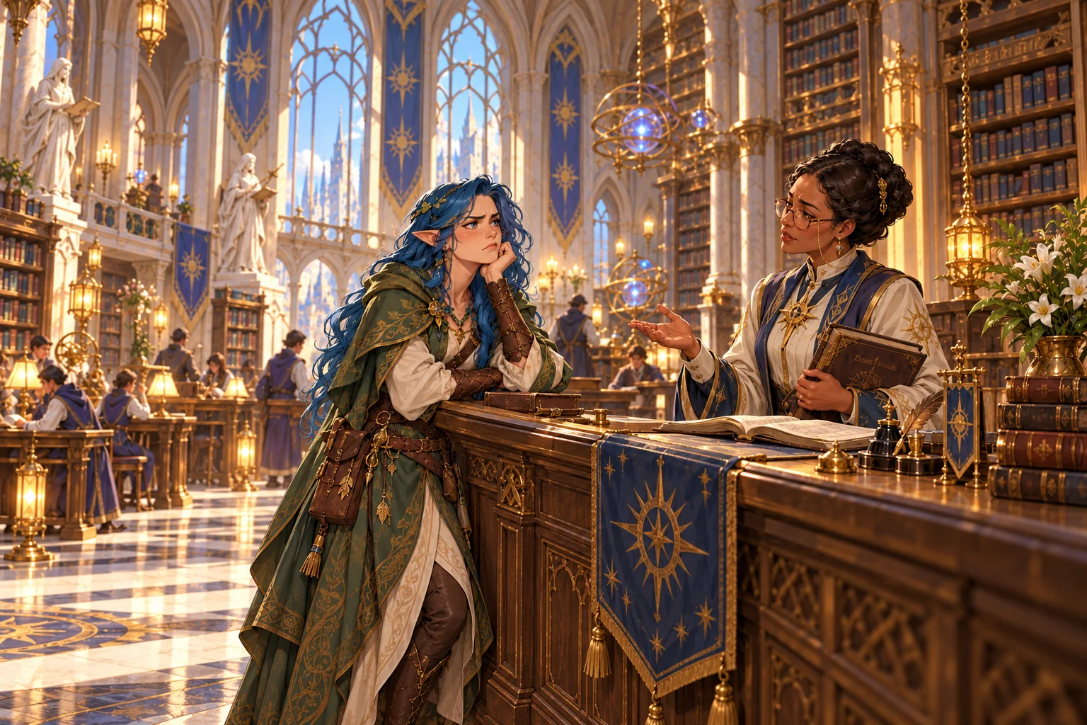Ayla looks frustrated as a receptionist refuses her access to Fendry’s grand library.