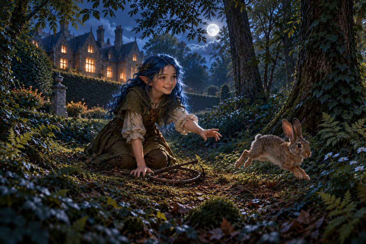 Young Ayla gently frees a rabbit beside the woodland estate.