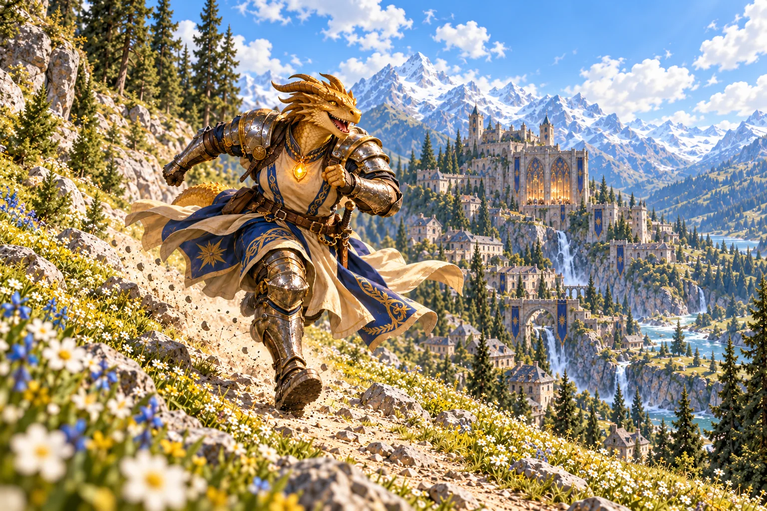 Da’ar runs joyfully down a mountain path, her amber pendant glowing and the alpine citadel behind her.