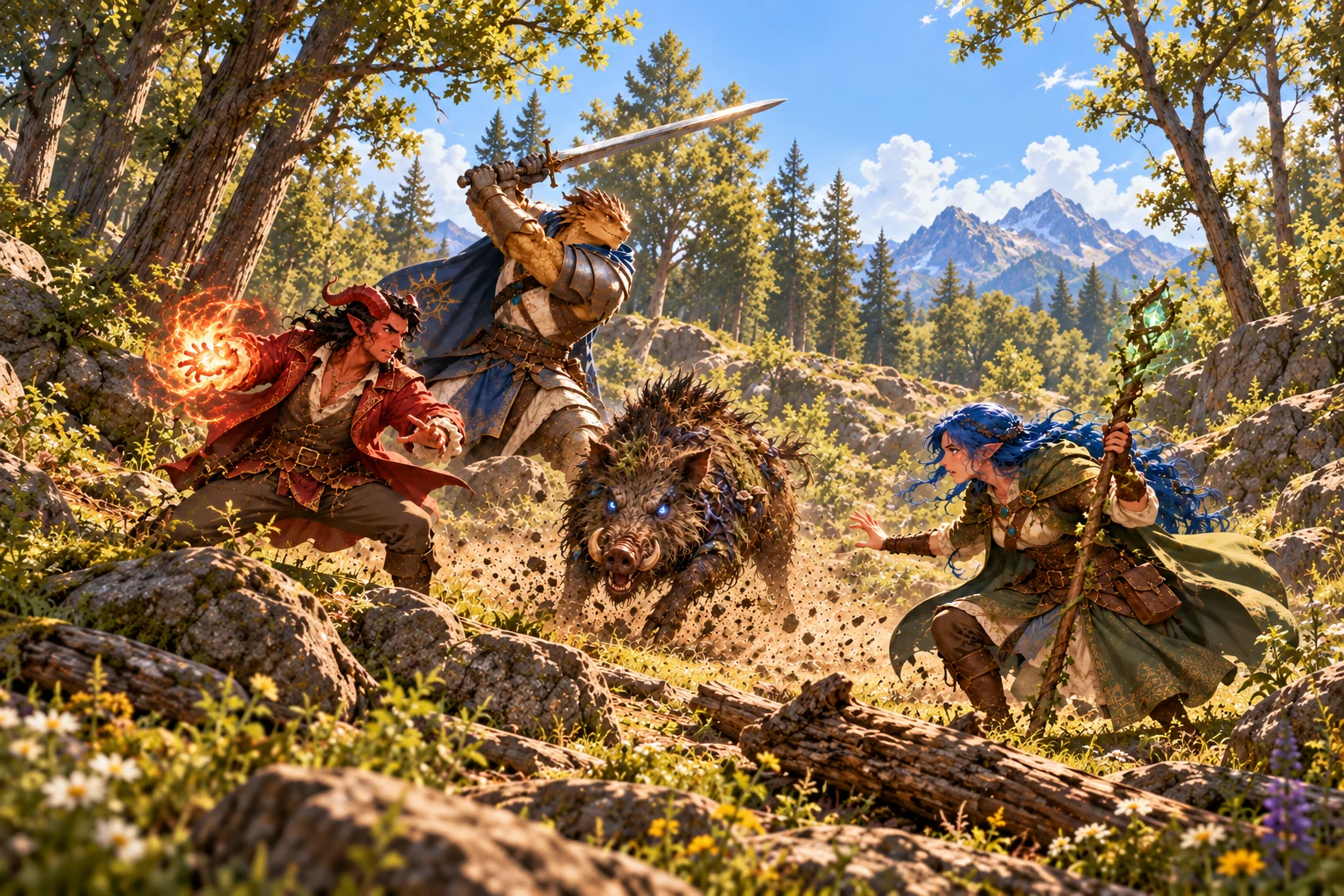 The companions battle corrupted boars with unnatural blue eyes in the forest.
