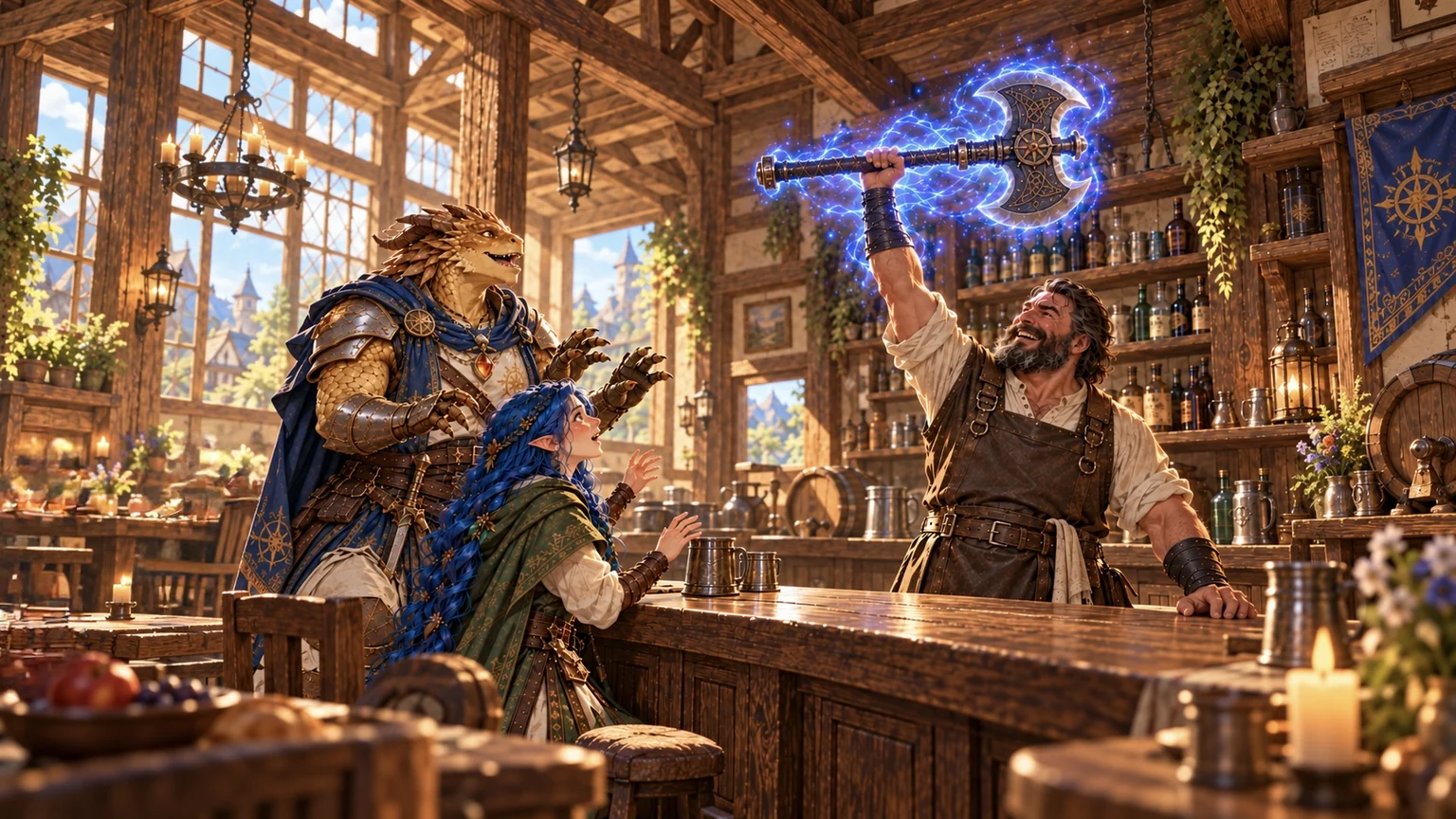Valen summons his enormous double-bladed axe behind the bar as Ayla and Da’ar watch.