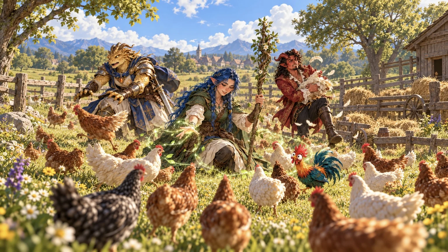 Ayla charms the scattered chickens while Kai’thos and Da’ar help round them up.