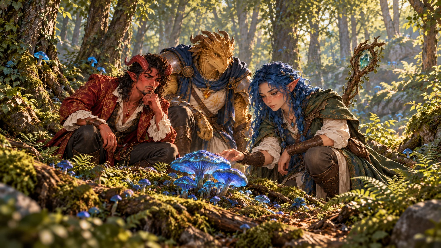 The companions investigate strange blue mushrooms on the forest floor.