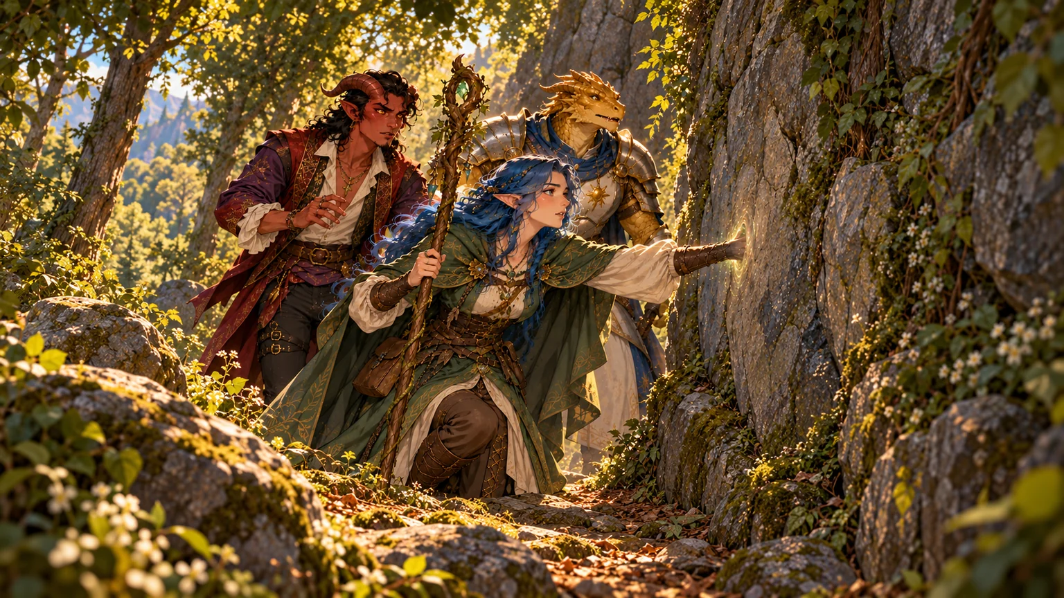 Ayla reaches into an apparently solid cliff wall as Kai’thos and Da’ar look on.